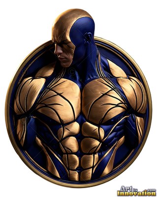 Muscular metallic man emblem in gold and dark blue