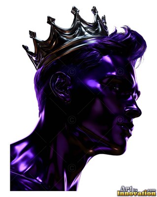 Silver crown rests on a shiny purple bust of a man against plain white