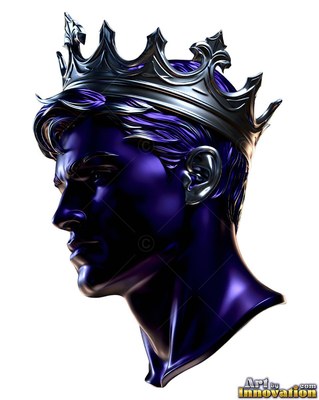 A metal bust of a man wears a spiked silver crown with deep purple reflections