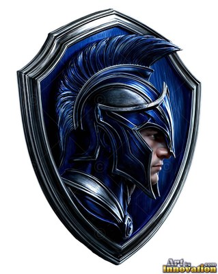 Turned in profile inside a shield, a man wears a crested blue helmet