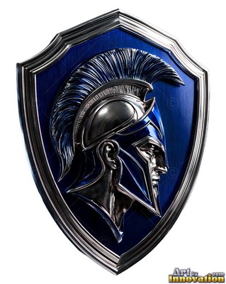 A shiny silver shield with a blue center and a man in a Spartan helmet