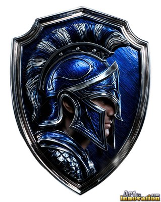 On a silver shield, a man wears a blue spartan helmet in profile