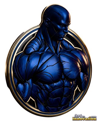 Facing sideways, a muscular blue metallic man appears carved inside a round frame