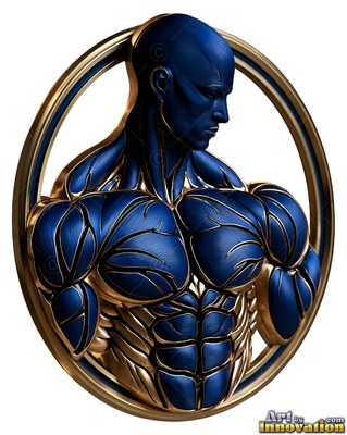 Muscular blue brushed metal man framed inside a gold ring
