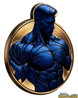 Muscular dark blue shoulders define a metal man set inside a round gold medallion
