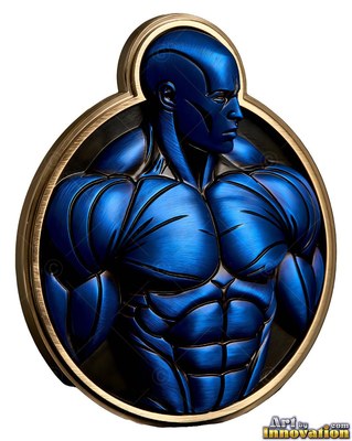 A muscular metal man turns to the side within an oval frame in brushed blue