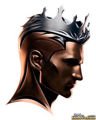 Turned in profile, a copper metallic bust of a crowned man against white