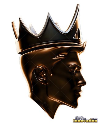 A metallic bronze profile of a man wearing a large crown