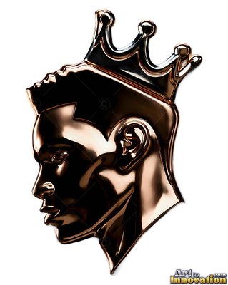 Against a plain white space, a bronze man wears a crown in side profile