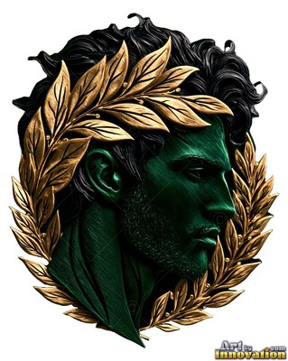 Facing right, a dark green metallic man wears a wreath of golden laurel leaves