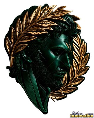 Green metal man bust framed by a gold laurel wreath