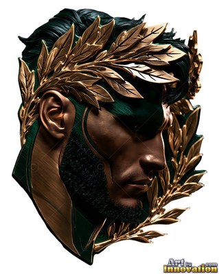 A golden leaf crown sits on the hair of a bronze man against a plain white background