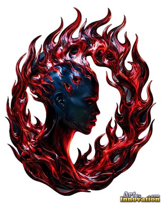 A dark metallic man looks to the side within a circle of deep red flames