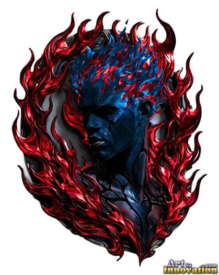 Turned to the side on a white setting, a blue metallic man rests within red flames