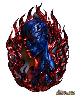 A blue metallic man looks down while framed inside red shiny flames