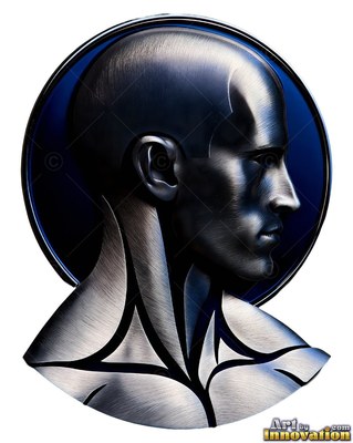 Inside a round blue frame, a silver metallic bust of a man faces to the right in profile