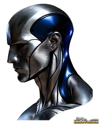 Facing left in profile, a silver bust carved in metal of a man has dark blue panels on his head and neck