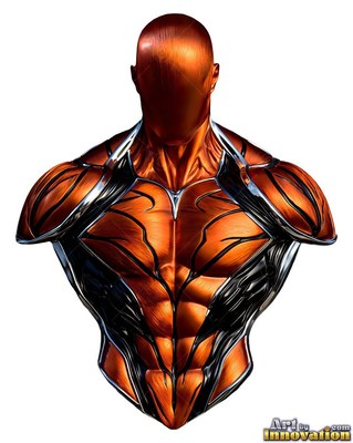 Muscular bust carved in metal of a man in copper and black