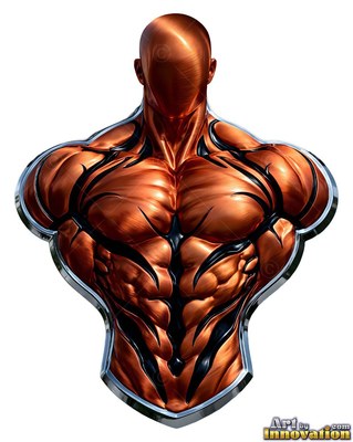 Copper metal chest with black carved grooves defines a faceless man over white