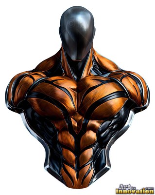 Front-facing against white, a metal bust of a man in copper and black