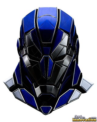 A man wears an angular mask made from blue and dark brushed metal plates