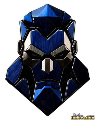 On a plain white backdrop, a metallic blue bust of a man is cut into sharp plates