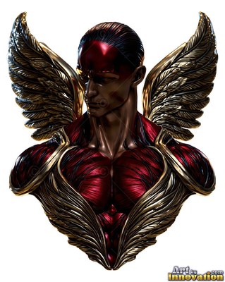 Looking down, a winged metallic male bust shines in polished red and gold