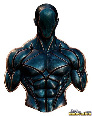 A muscular dark teal metal sculpted torso of a man with a faceless head