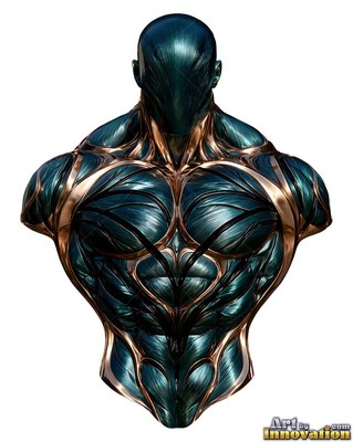 Bronze lines cut across the teal metal chest of a toned man on a white backdrop