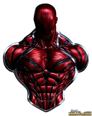 A faceless metal man stands upright with white highlights shining over dark red armor