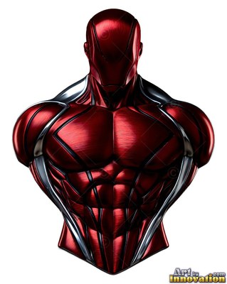 Turned toward the viewer on a white background, a metallic red bust of a man