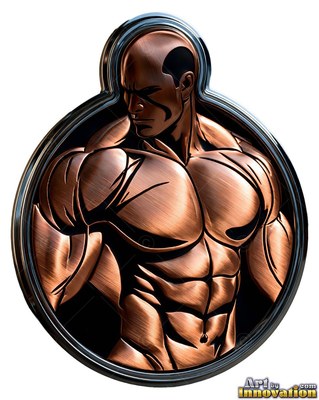 A muscular bronze man looks to the side inside a circular black frame