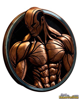 In a round dark frame, a muscular bronze man cast in metal looks down to the side