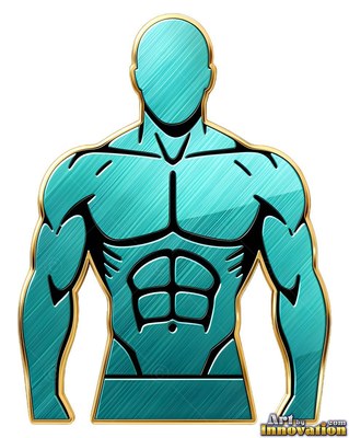 Looking straight ahead, a muscular teal metallic bust of a faceless man with a gold border