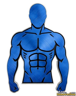 Muscular metal finished in blue man's upper body sculpture with black lines