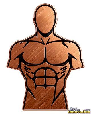 Engraved abdominal muscles shape a copper male bust on a blank background