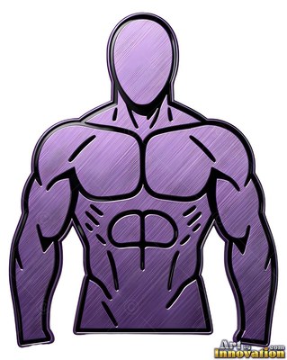 A broad-shouldered man stands looking straight ahead, formed from brushed purple steel with dark outlines