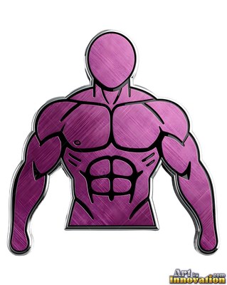 Facing forward on a white background, a muscular purple man cast in metal's torso cutout