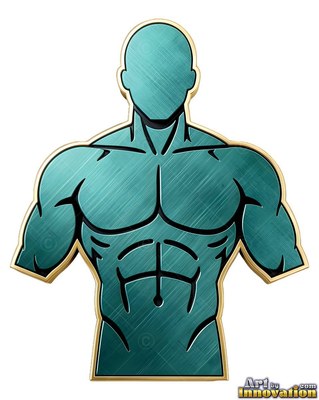 A muscular teal metal man's torso with a gold border on white