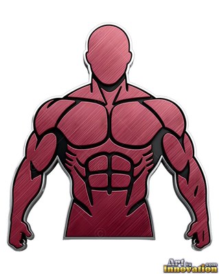 On a white background, a faceless strong-built man stands carved from red metal