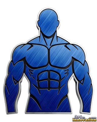 Facing forward, a muscular blue metallic man stands with carved black muscle lines
