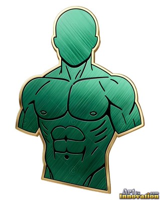 Green bust sculpted from metal of a toned man with gold trim