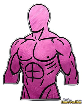 Black muscle lines define this pink bust carved in metal of a muscular man against a white backdrop