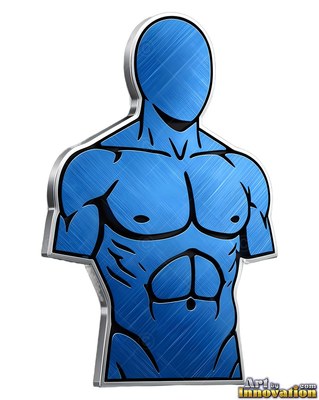 A metallic bust of a man faces forward, finished in brushed blue with polished silver edges