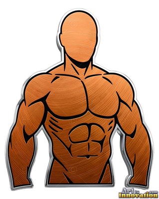 Turned toward the viewer on a white field, a muscular man in bronze brushed metal