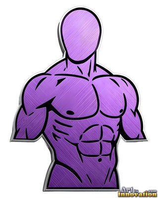 A faceless strong-built man cut out as a purple bust carved in metal emblem