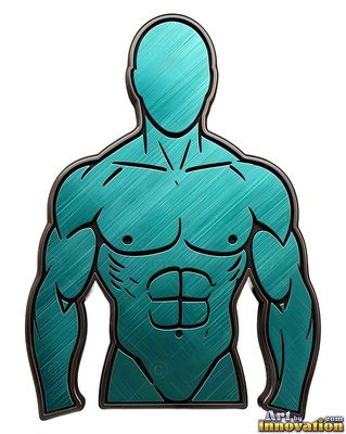 Against plain white, a teal metal man stands cut off at the waist