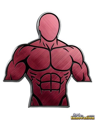 Facing forward, a muscular pink brushed metal bust of a man cutout has black engraved outlines