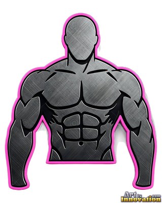 Gray brushed metal muscular man bust outlined in bright pink