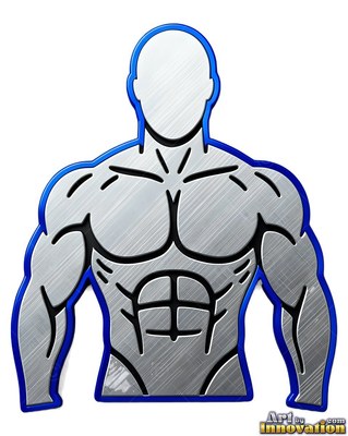 Blue trim outlines a silver metallic bust of a man with defined muscles on a white backdrop